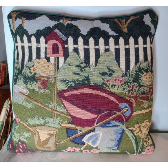 Large Vintage Tapestry Garden Scene Throw Pillow 17 x 17 Cottagecore Flowers - Picture 3 of 7